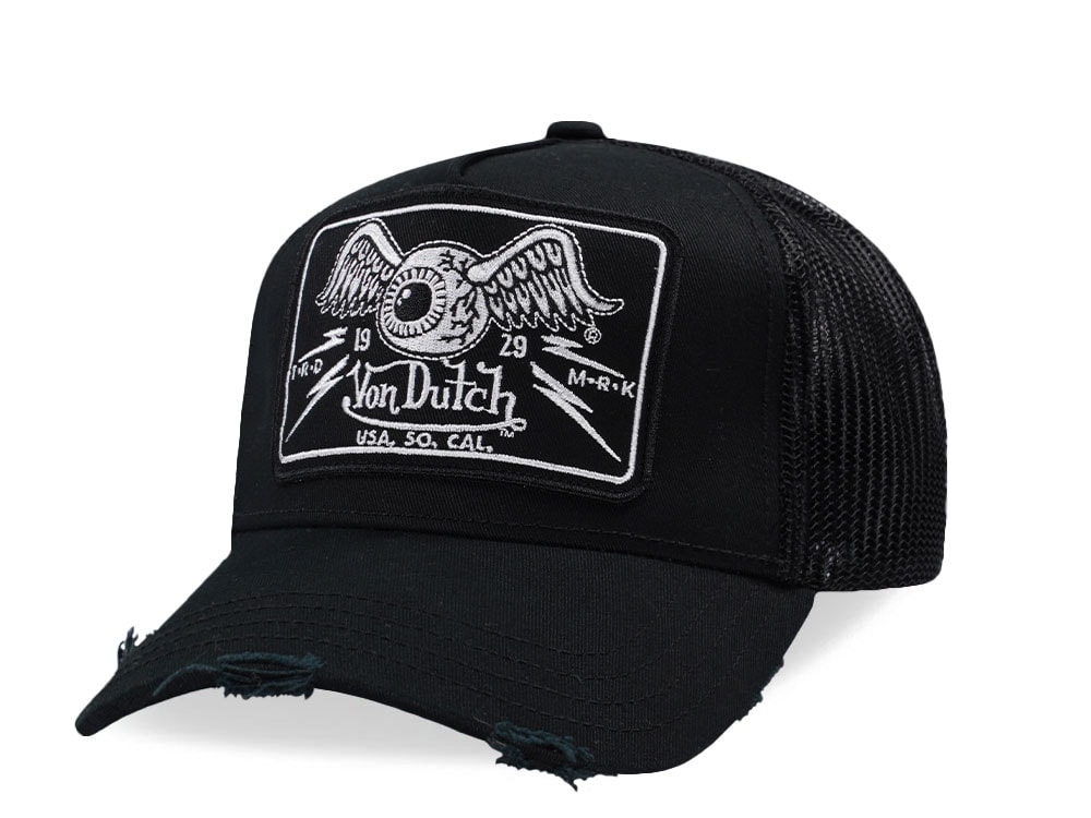 Von Dutch Square Patch Distressed Black Trucker Snapback Gorra
