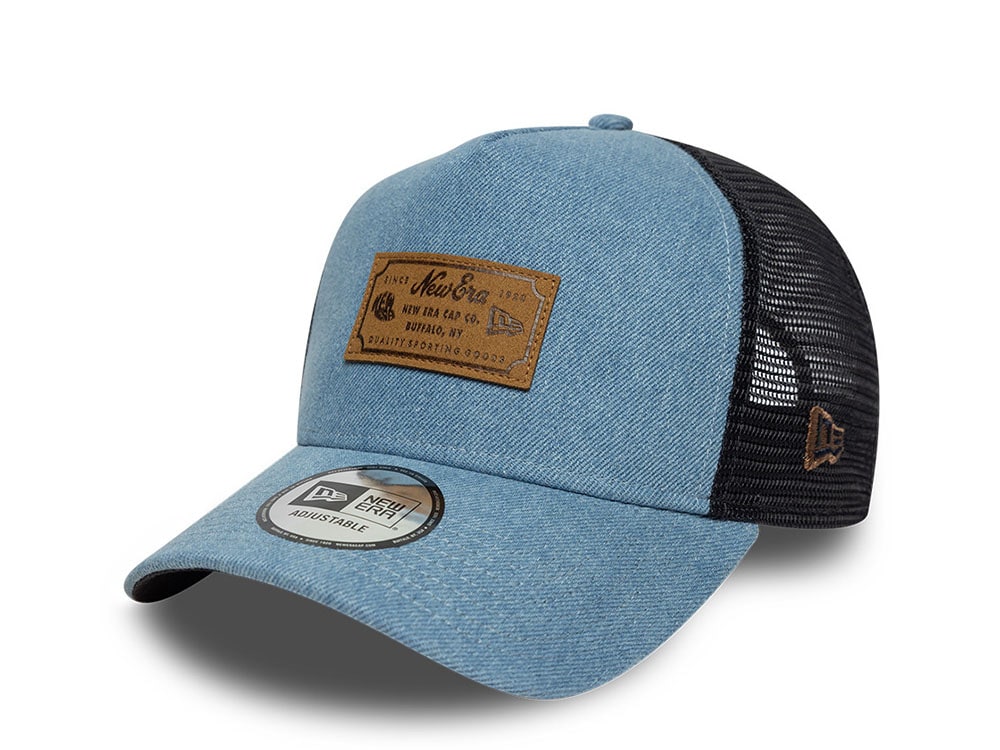 New Era Navy Denim Leather Patch 9Forty A Frame Trucker Snapback Gorra