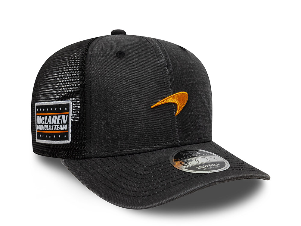 New Era McLaren Racing Black Washed 9Fifty Trucker Snapback Gorra