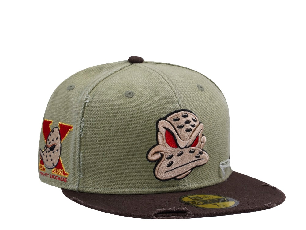 New Era Anaheim Ducks 10th Anniversary Washed Canvas Rifle Green Two Tone Horror Edition 59Fifty Fitted Gorra