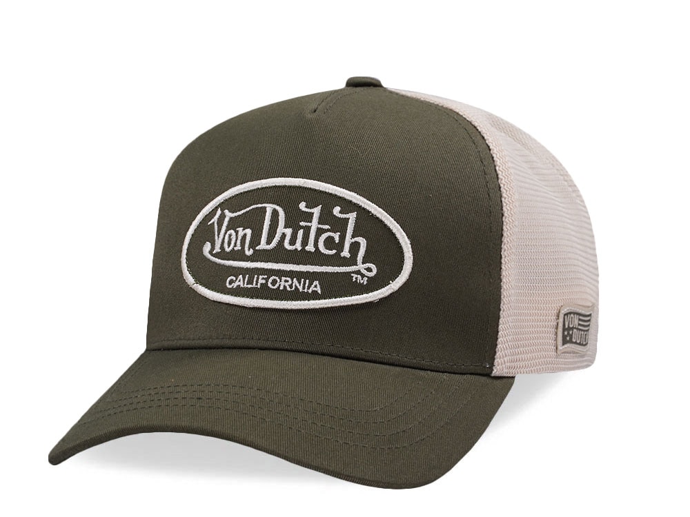 Von Dutch Embroidered Oval Patch Olive Trucker Strapback Gorra