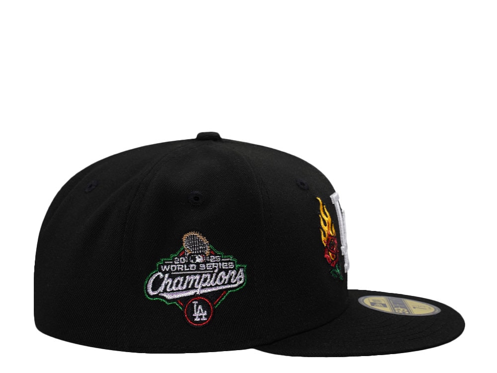 New Era Los Angeles Dodgers World Series 2025 Champions Flame Rose Black Edition 59Fifty Fitted Gorra