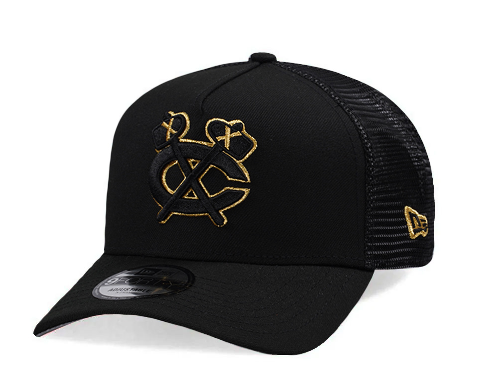 New Era Chicago Blackhawks Metallic Gold Black Edition 9Forty A Frame Trucker Snapback Gorra