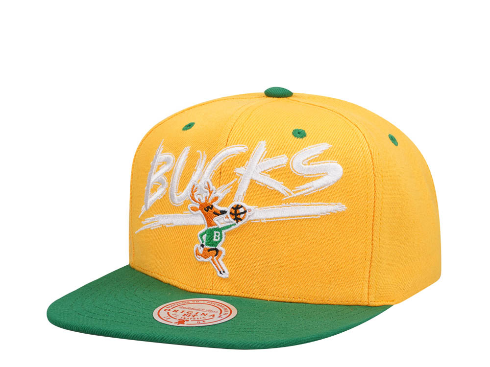 Mitchell & Ness Milwaukee Bucks Transcript Yellow Two Tone Snapback Gorra
