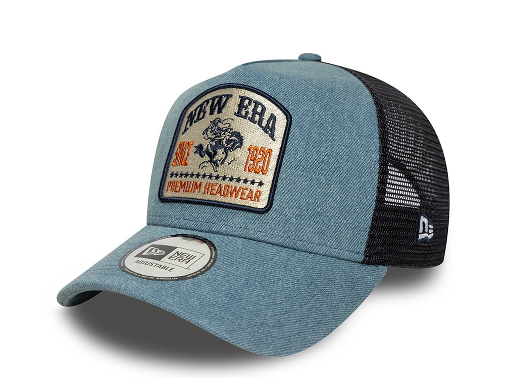 New Era Denim Patch Sky Blue 9Forty A Frame Trucker Snapback Gorra