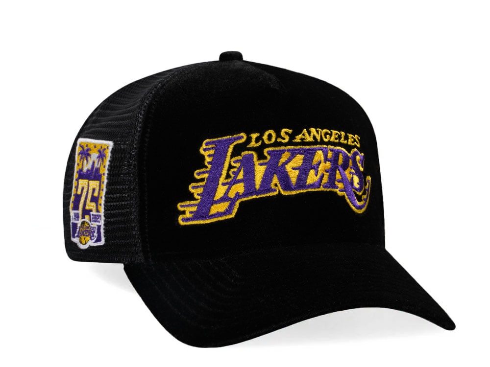 New Era Los Angeles Lakers 75th Anniversary Black Velvet 9Forty A Frame Trucker Snapback Gorra