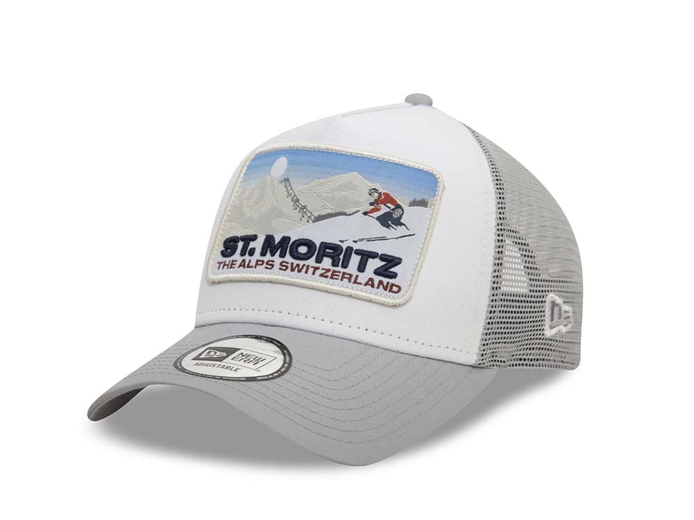New Era Ski Patch St. Mortiz Edition White 9Forty A Frame Trucker Snapback Gorra