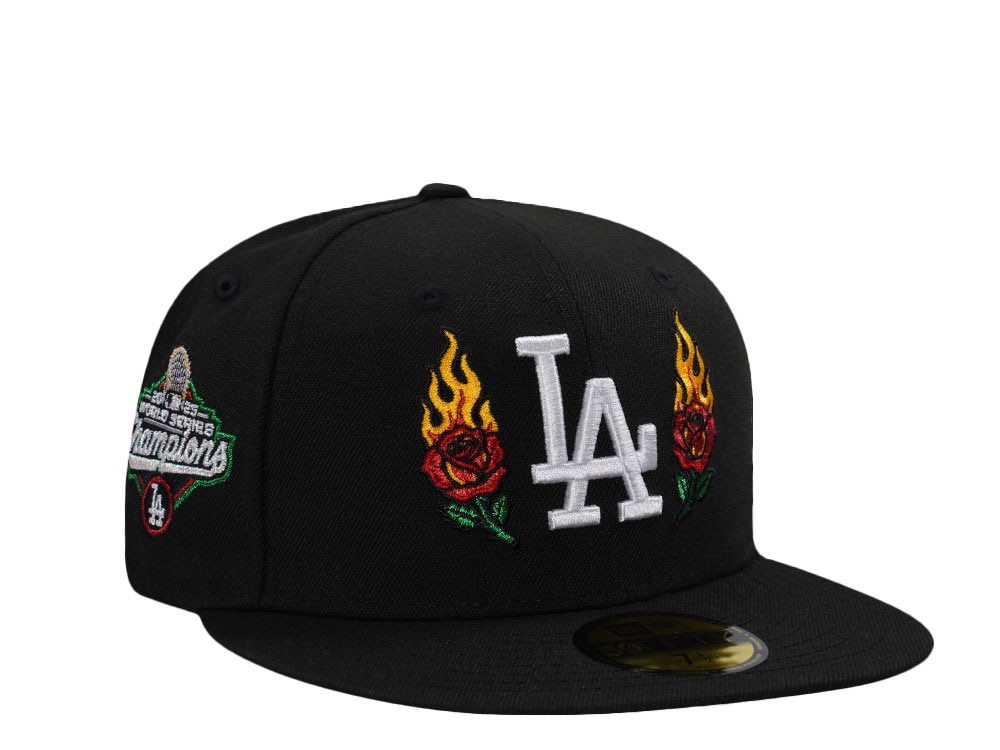 New Era Los Angeles Dodgers World Series 2025 Champions Flame Rose Black Edition 59Fifty Fitted Gorra