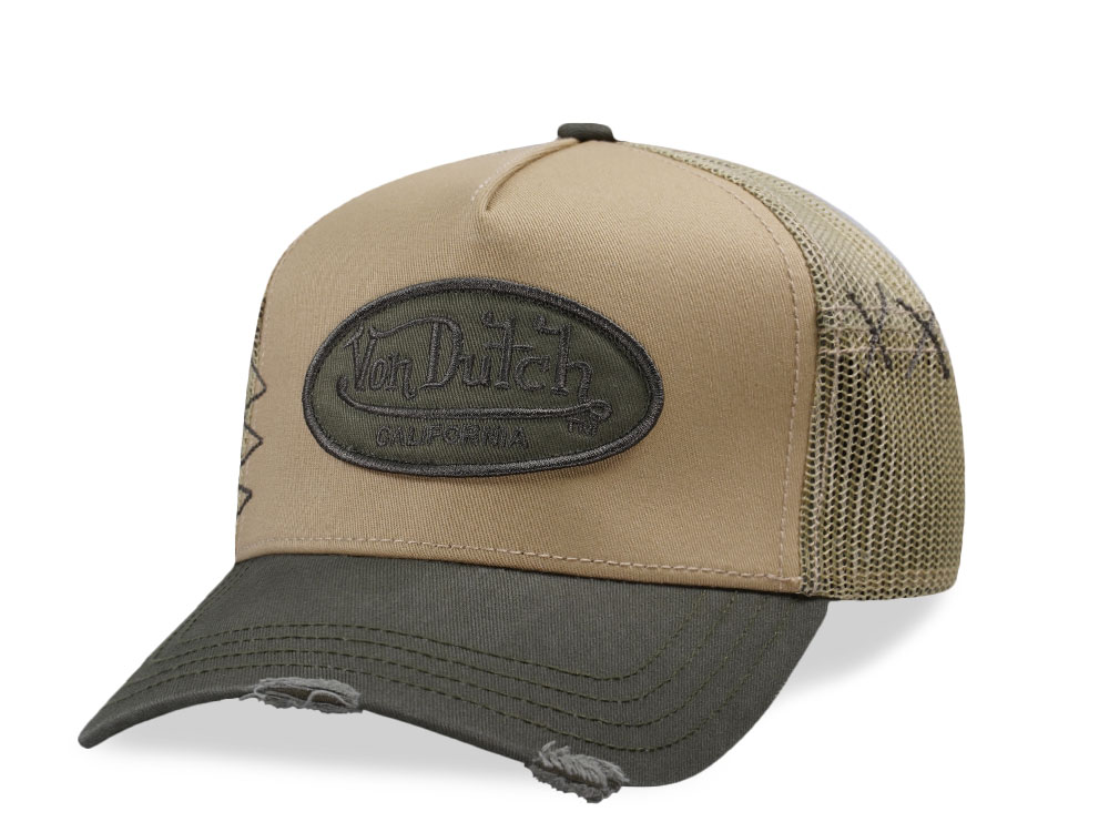 Von Dutch Oval Patch Beige Olive Trucker Snapback Gorra